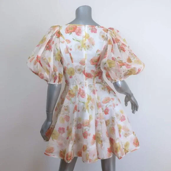 Zimmermann Tranquility Flip Puff Sleeve Mini Dress Cream Floral Print Size 0 - Picture 4 of 6